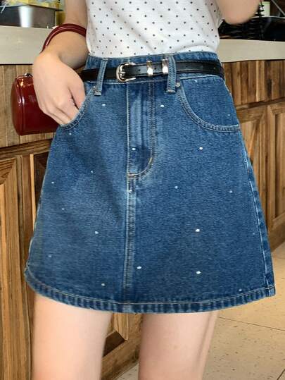 DAZY 女士休闲水钻装饰牛仔迷你裙，夏季