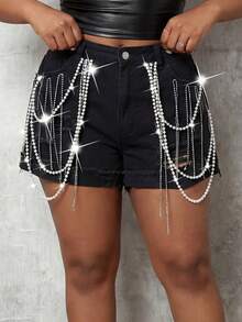 Slaydiva Plus Size Pearl Chain Decor Distressed Denim Shorts Party Luxury Diamond Sparkling Pearl Shiny - Black - View 2