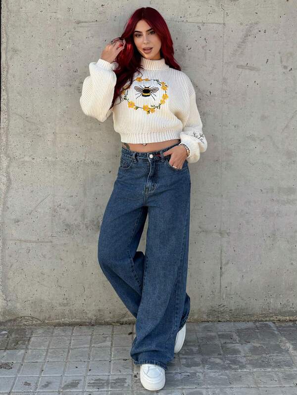 Bearsaez 女士蜜蜂刺绣落肩半高领毛衣、长袖上衣