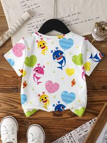 BABY SHARK X SHEIN Young Girls Cute Cartoon All-Over Print Short Sleeve T-Shirt - White - View 2