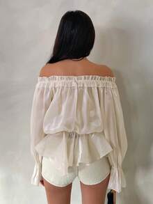 SHEIN Glamour 女士露肩系带性感优雅约会雪纺衬衫，喇叭袖，浅黄色长袖款，休闲衬衫，荷叶边袖口，泡泡袖，略微透视 - 杏色 - 查看 5