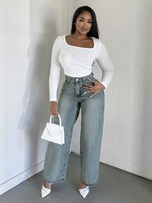 Alexandranx 斜口袋水洗闊腿牛仔褲 - 淺色水洗藍 - 查看 4