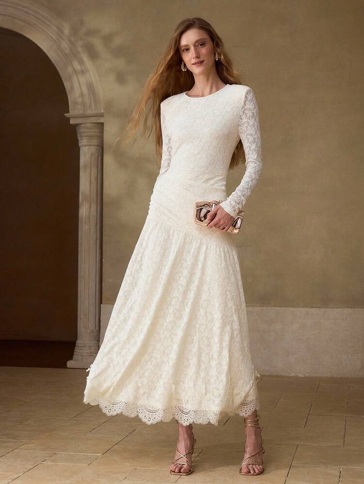 WOMEN'S ELASTIC FLORAL LACE PATCHWORK A-LINE LONG DRESS, SPRING/SUMMER