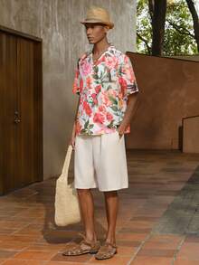 AKNOTIC Business Casual 男士白色花卉圖案寬鬆落肩休閒襯衫，夏季波希米亞度假風夏威夷鈕扣式扶桑花熱帶度假穿搭 - 白色 - 查看 7