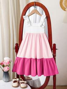 SHEIN Young Girl Casual Patchwork Color Block Cap Sleeve Round Neckline Picnic Dress,Light Pink,Summer,Fairy,First Birthday,Holiday - Pink - View 11