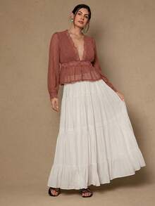 Freevana 大码浪漫优雅黑色蕾丝拼接长袖女式衬衫 - 西瓜粉 - 查看 6