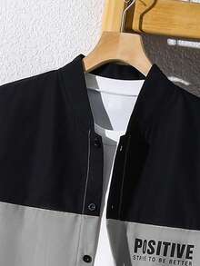 SHEIN 两件套青少年男童休闲日常舒适字母图案拼接撞色 Polo 领开襟短袖宽松衬衫和纯色直筒裤套装 - 灰色 - 查看 6