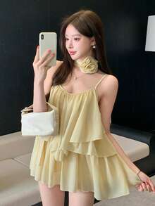 K-Vae Asymmetrical Strap Floral Decor Flowy Blouse - Yellow - View 8