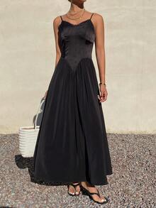Livesso Summer Beach Holiday Vacation Black Camisole Patchwork Waist Midi Dress For Women Sundress - Black - View 5