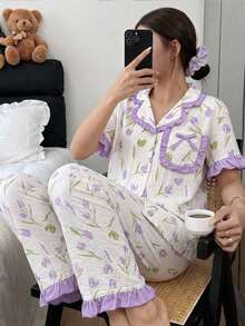 SHEIN Teen Girls Floral Print Collar Ruffle Cute Sweet Home Wear Short Sleeve Top And Pants 2 Pieces Set, Purple & Apricot,Kids - Purple - View 3