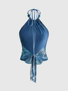 ROMWE Avant Vacation Seashell & Conch Print Rhinestone Embellished Fitted Women Cami Top - Blue - View 2