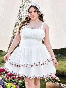 Sweetness 大码女式花卉刺绣褶皱前系带休闲吊带裙 - 白色 - 查看 10