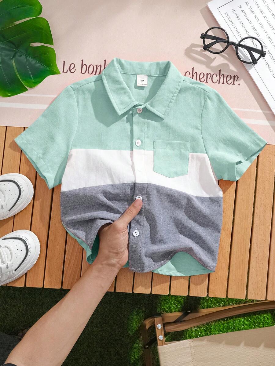 SHEIN Áo thun ngắn tay cổ bẻ phối ba màu cổ điển, thoải mái, phong cách thường ngày mùa hè cho trẻ em, thích hợp cho các hoạt động ngoài trời, đi học, dự tiệc và dạo phố. - Màu xanh Bạc hà - Xem 1