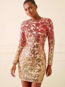 Lilora Women's Red And Golden Sequin Embroidered Long-Sleeved Round-Neck Mini Dress,Beige,Autumn,Elegant,Birthday Party,Wedding Guest, Prom Party Gown - Multicolor - View 8