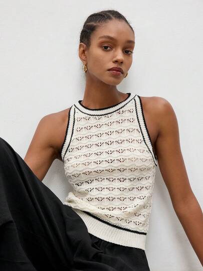 Maija Fashionable Versatile Contrast Color Hollow Knit Vest