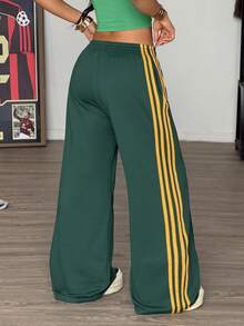 Muchica Women's Elastic Waist Side Stripe Wide Leg Loose Casual Sweatpants,Back To School - Green - View 2