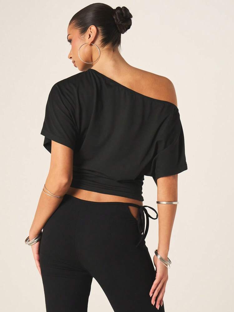 Missguided x Playboy Women's Off Shoulder Cinched Waist T-Shirt With Pink Script Logo And Fitted Short Sleeves Black Tee