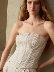 MOTF PREMIUM WOMEN'S LINEN BLEND CASUAL/DATE TUBE TOP - Apricot - View 5