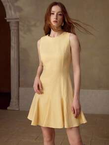 MOTF PREMIUM WOMEN'S LINEN BLEND ROUND NECK SLEEVELESS SHORT CASUAL DRESS, SPRING/SUMMER - Yellow - View 4