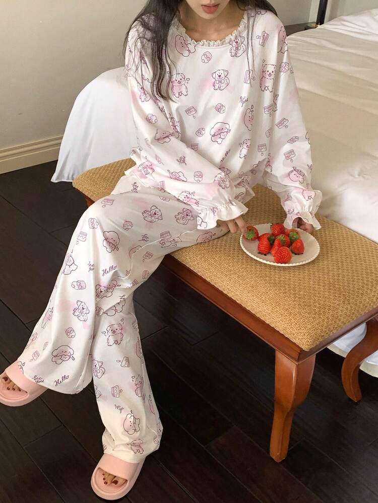 Cute Happy Puppy Print Ruffle Trim Women Pajama Set