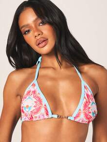 MISSGUIDED Triangle Print Bikini Set With Halter Top And Cheeky Bottom Beach Swimwear Summer Vacation Resort Pool Party Two Piece - Multicolor - View 4
