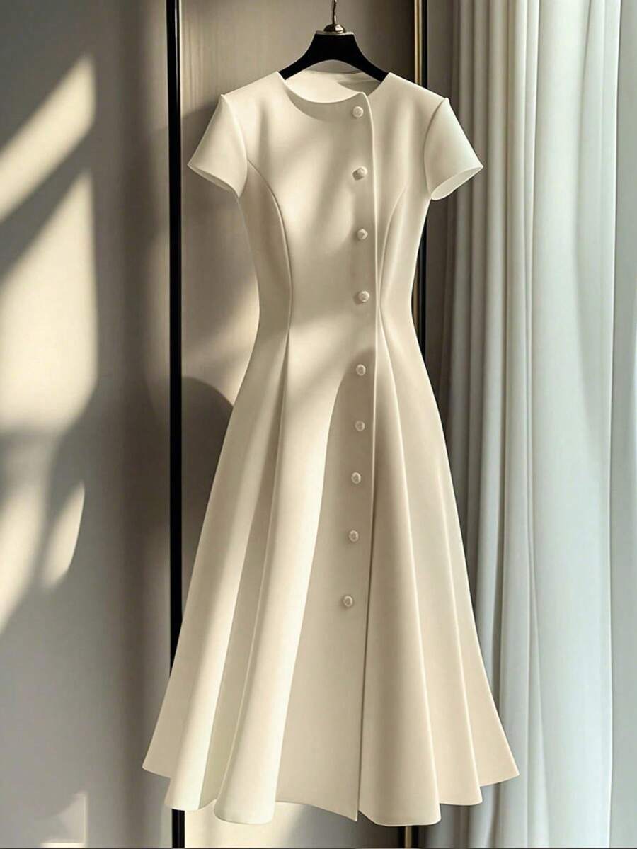 Franclia 复古优雅纽扣元素知性简约休闲夏季女士优雅连衣裙 - 杏色 - 查看 1