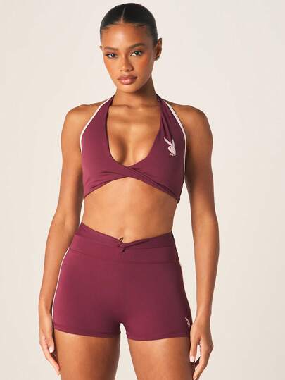 Missguided x Playboy Deep V Halter Neck Cross Front Sports Bra For Active Women