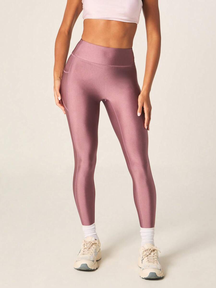 MISSGUIDED Women's High Rise Glossy Active Side Pocket Leggings Full Length Workout Yoga Pants - Dusty Purple - View 1