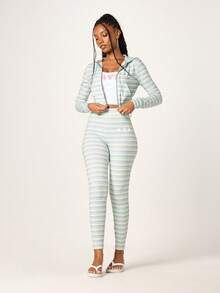 Missguided x Playboy 女士粉彩条纹全拉链连帽衫，带Logo，休闲卫衣外套，长袖抽绳 - 彩色 - 查看 3