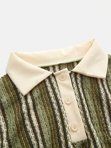 Maija 女士条纹短袖高领罩衫 - 軍綠色 - 查看 3