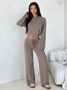 SHEIN PETITE Áo thun sọc nâu + Quần dài buộc eo, trang phục đi làm tối giản cho nữ - màu nâu - Xem 5