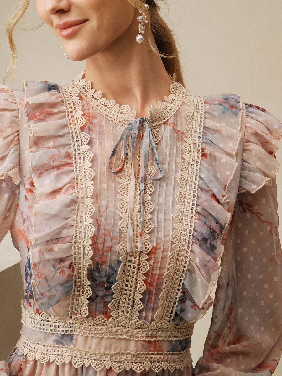 Anewsta Nuevo vestido largo elegante de primavera con cuello en V, lazo en la cintura y estampado floral pequeño y disperso que estiliza la figura para mujeres - Multicolor - Ver 1