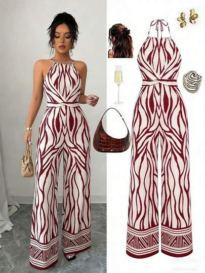 SHEIN Elenzya 女士酒红色斑马纹收腰吊带阔腿连体裤，魅力优雅，适合度假、休闲、海滩、街头、通勤；性感浪漫，适合商务、约会、假日穿着；无袖酒红色吊带连体裤