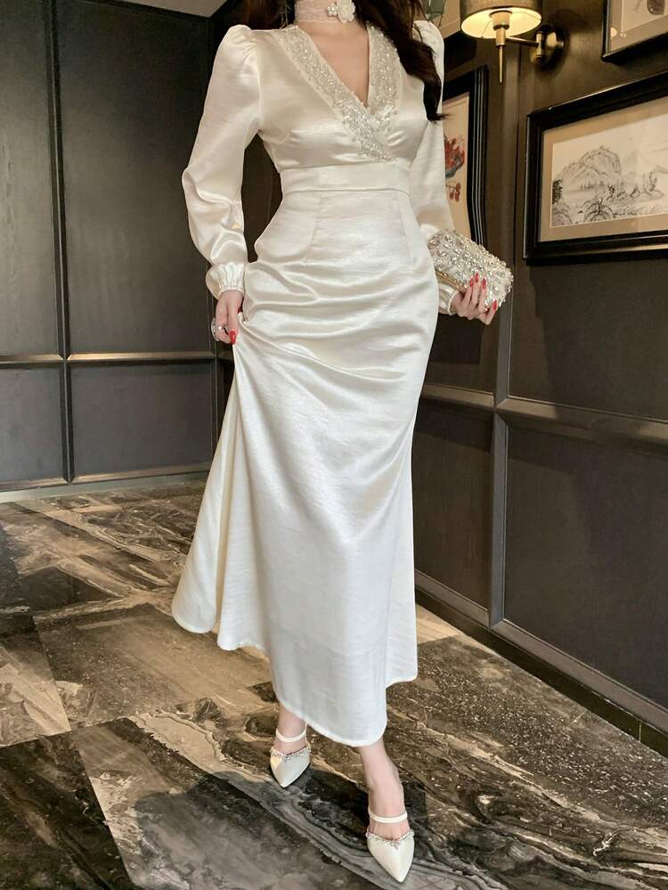 Women's Elegant Patchwork Faux Pearl Beaded Waist Dress, Autumn