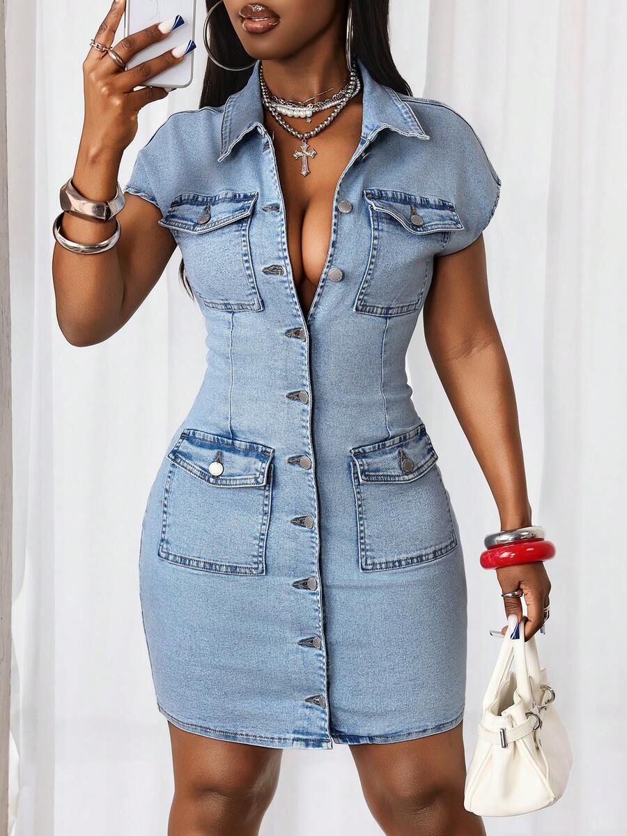 Slaydiva Women's Summer Casual Front Button Fitted Denim Dress - Blue - View 1