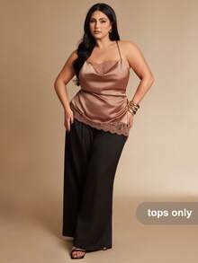 SHEIN BAE Regata Elegante de Cor Sólida com Renda Assimétrica em Contraste, Plus Size - Champanhe - Visão 1