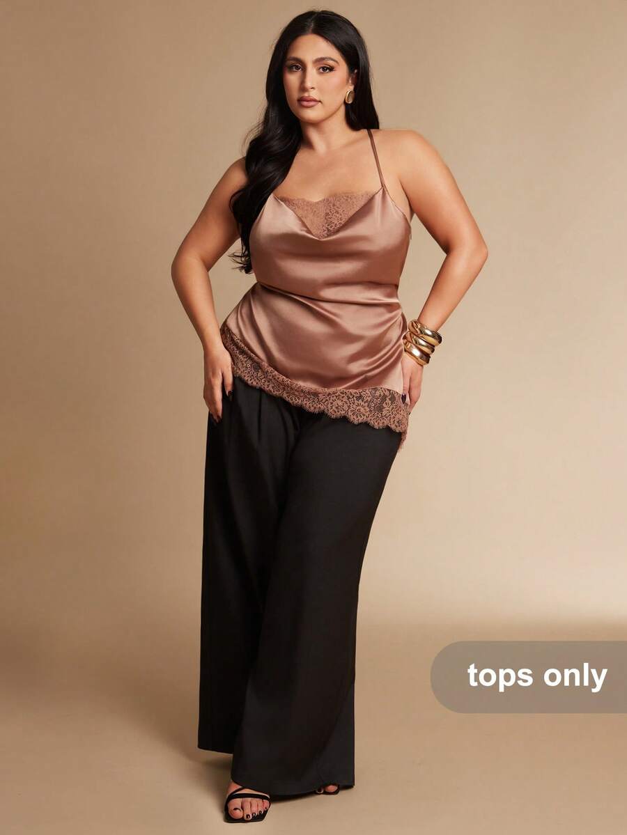SHEIN BAE Regata Elegante de Cor Sólida com Renda Assimétrica em Contraste, Plus Size - Champanhe - Visão 1