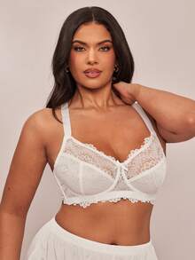 SHEIN BAE 1pc Plus Size Lace Patchwork Underwire Lingerie Bra - White - View 5