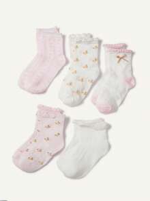 Cozy Pixies 5双婴儿儿童袜子，粉色碎花图案，可爱女童春夏网眼筒袜 - 彩色 - 查看 4