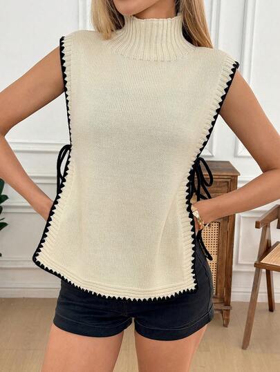 Easowa Spring & Summer Casual Contrast Color Trim Side Slit Tie Knit Vest Women's Solid Color Stand Collar Side Slit Hem Casual Knit Vest Loose Casual Side Tie Knit Vest Contrast Color Design