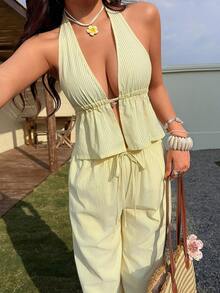 Sunnyshic 黄色条纹棉质面料，金属海星装饰，深V领露背吊带短款上衣搭配低腰抽绳口袋阔腿裤两件套，女士春夏度假海滩优雅甜美休闲简约日常百搭套装 - 黃色 - 查看 8