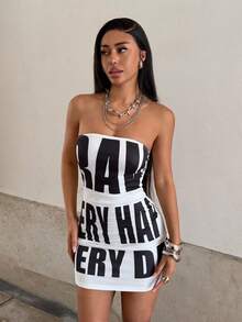 StreetHx Women's Black Letter Print Bandeau Dress - White - View 1