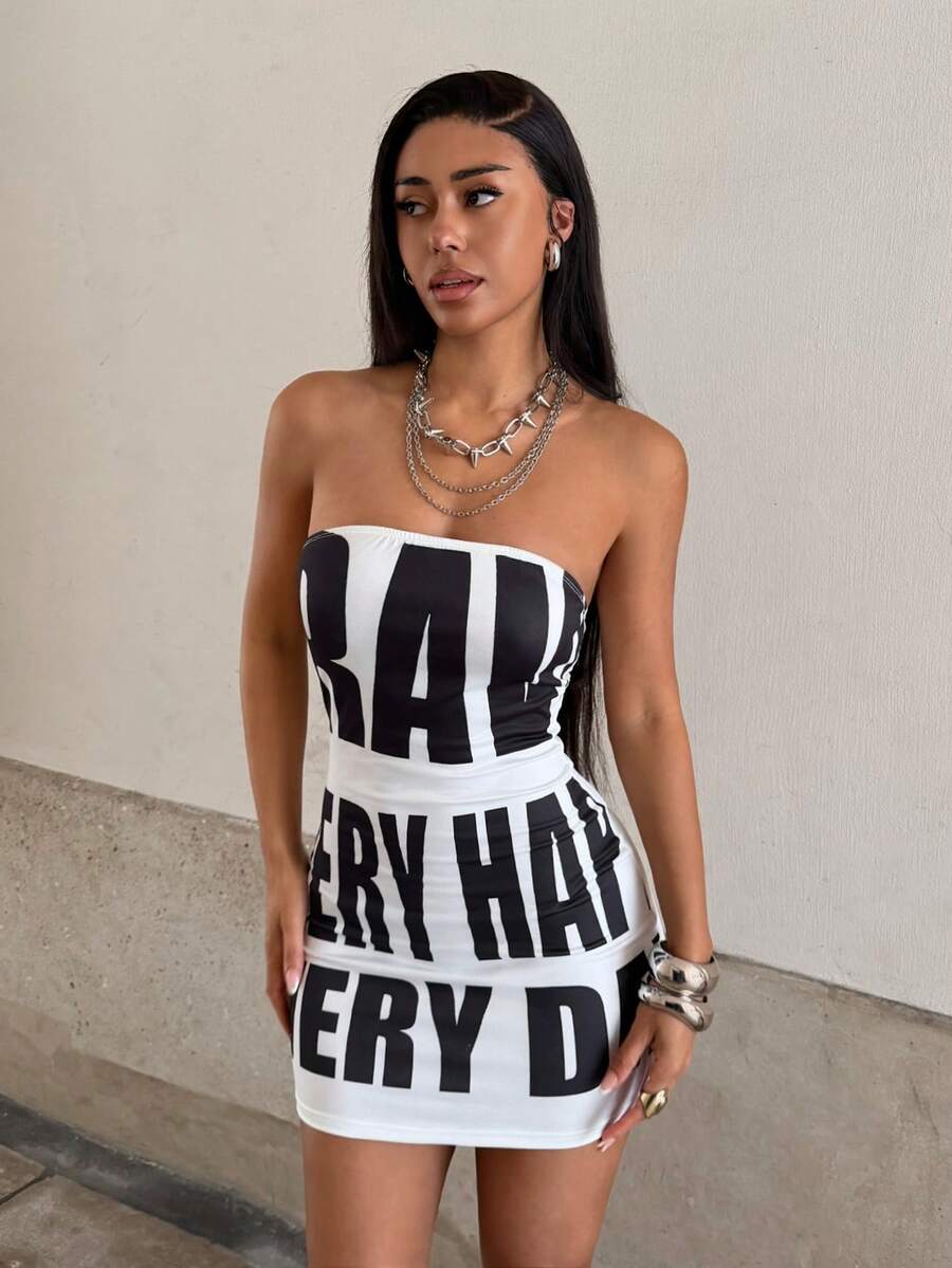 StreetHx Women's Black Letter Print Bandeau Dress - White - View 1