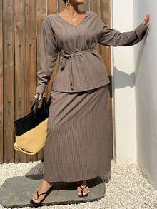 Dazy Plus Plus Size Women's V-Neck Belted Top And Skirt 2 Pieces Set, Casual Vacation, Spring/Autumn Summer Lounge Sets For Women - Brown - View 9