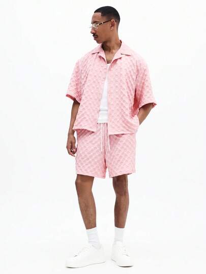 SUMWON Men Pink Geometric Pattern Short Sleeve Button Down Shirt With Matching Drawstring Shorts Two Piece Coordinated Summer Set