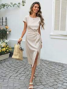 SHEIN LUNE Women's Casual Striped Summer Vacation & Commute Daily Basic Fashion Twist Knot Mid-Length Dress, Short Sleeve - Apricot - View 6