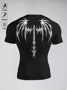 Acti Log Herren Sommer Drachen- & Skelettflügel Muster Raglan Kurzarm Sport T-Shirt, geeignet für Fitness, Laufen, Radfahren - Schwarz - Übersicht 2