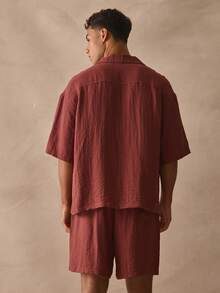 Musero Sold As One Cropped Boxy Short Sleeve Button Up And Shorts Set Spring Summer Essentials - Burgundy - View 4