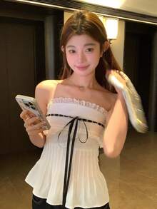 DAZY 女士蕾丝拼接无肩带吊带衫 - 白色 - 查看 2