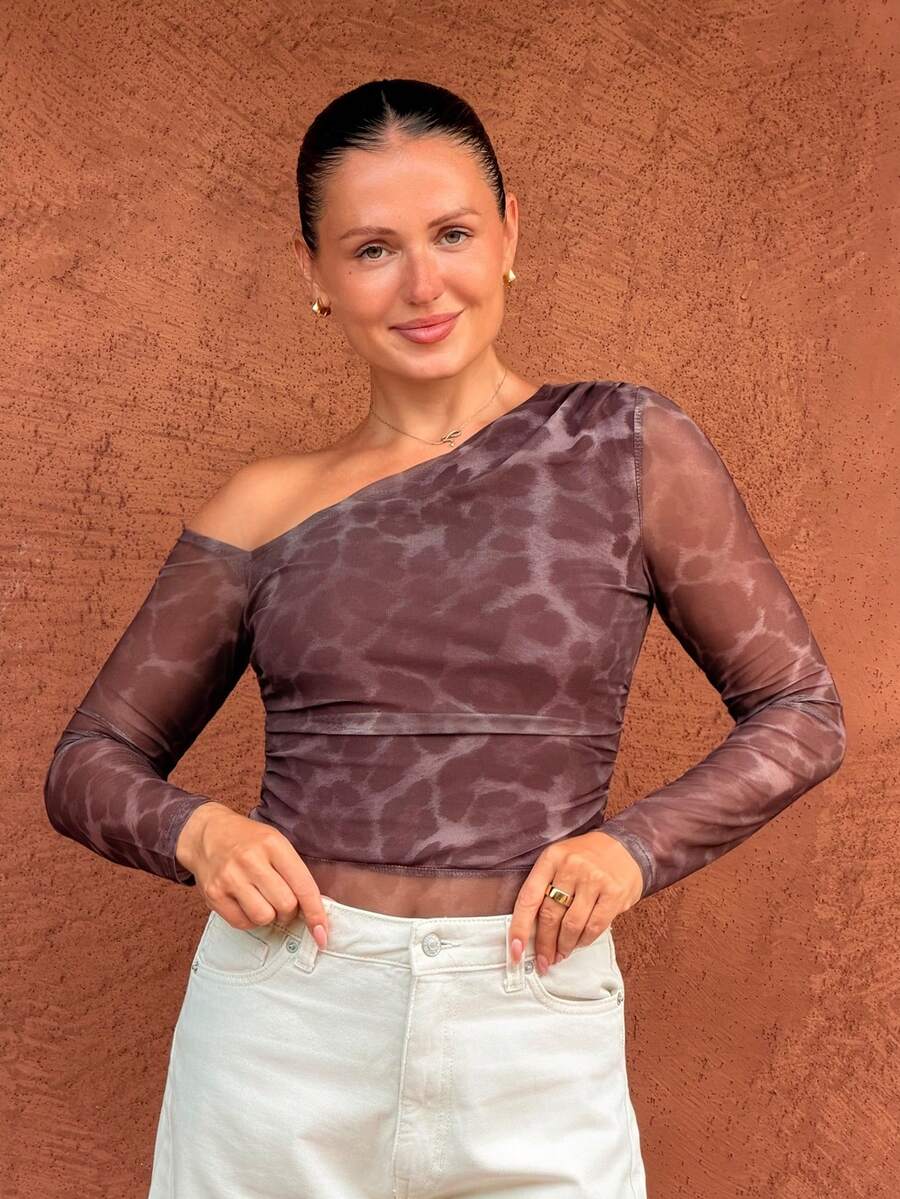 Kuleshova 女士时尚豹纹网眼露肩长袖紧身衣 - 咖啡棕 - 查看 1